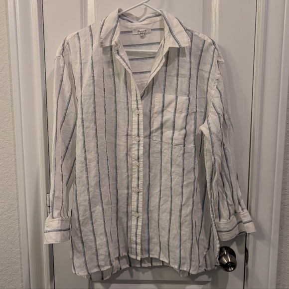 Madewell OG Sheer Oversized Striped White and Blue Button-Up Shirt - Picture 5 of 11